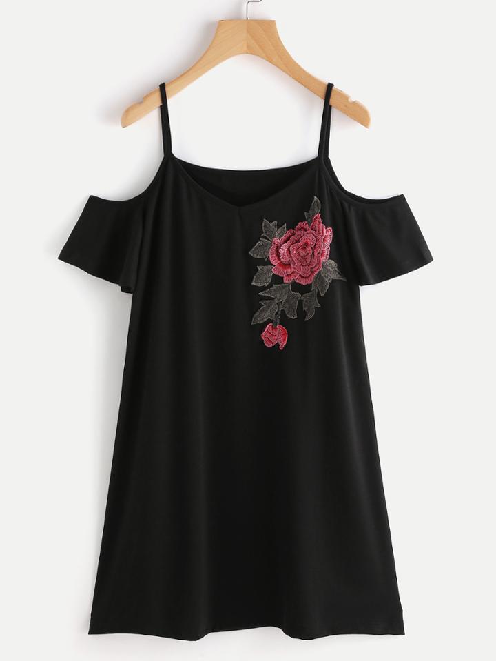 Romwe 3d Embroidered Applique Cold Shoulder Dress