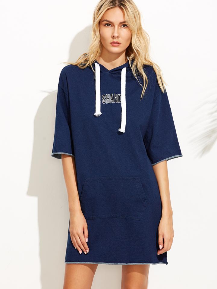 Romwe Navy Letter Embroidered Roll Hem Hooded Dress