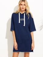 Romwe Navy Letter Embroidered Roll Hem Hooded Dress
