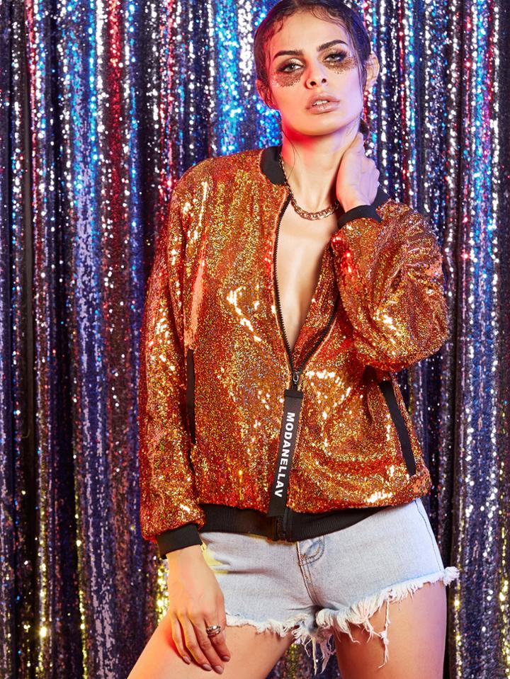 Romwe Yellow Zipper Up Sequin Bomber Jacket