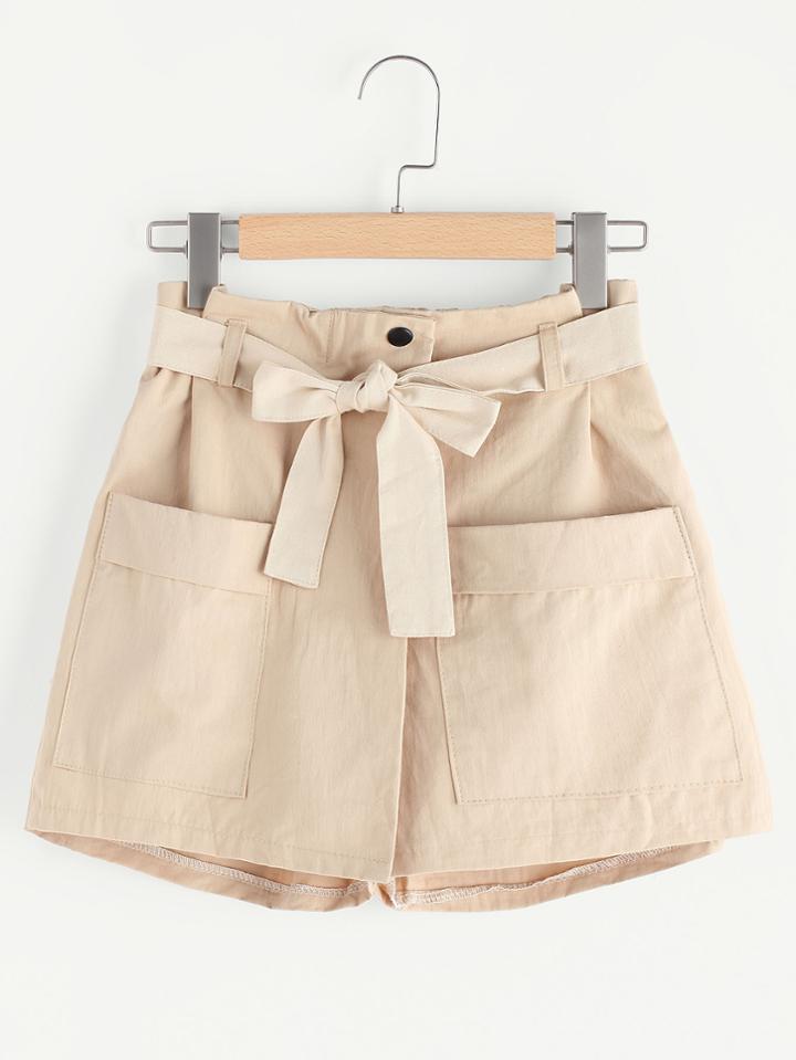 Romwe Tie Shirred Waist Double Pocket Shorts
