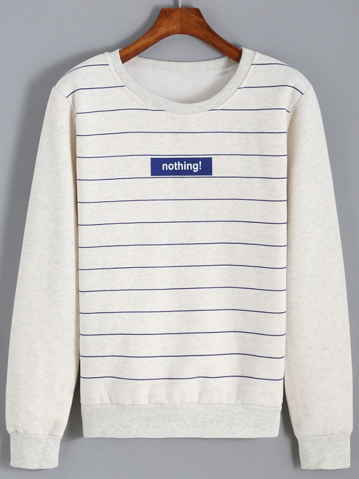 Romwe Striped Letter Print White Sweatshirt