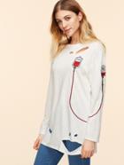 Romwe White Drop Shoulder Embroidered Ripped T-shirt