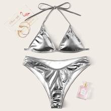 Romwe Metallic Triangle Top With High Cut Bikini Set