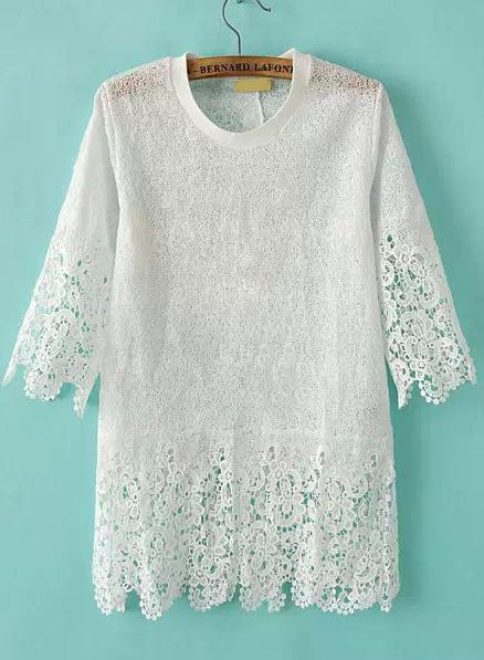Romwe White Short Sleeve Hollow Floral Crochet Blouse