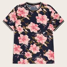 Romwe Guys Flower Print Ringer Tee