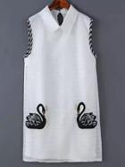 Romwe White Peter Pan Collar Swan Printed Dress