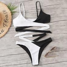 Romwe Two Tone Wrap Top With Strappy Bikini Set