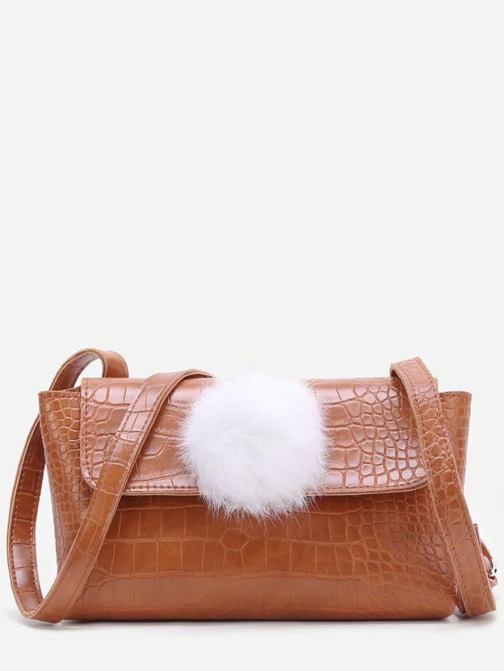 Romwe Brown Crocodile Embossed Pu Shoulder Bag With Pom Pom