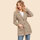 Romwe Houndstooth Belted Coat