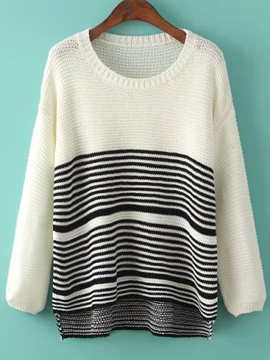 Romwe Black White Round Neck Striped Dip Hem Sweater