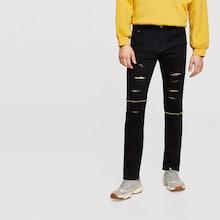 Romwe Men Ripped & Zipper Detail Solid Jeans