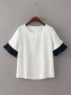 Romwe Contrast Pleated Cuff Tee With Pearls