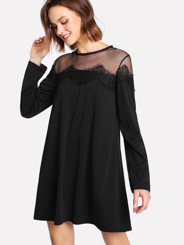 Romwe Mesh Insert Lace Trim Dress