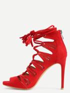 Romwe Faux Suede Lace-up Heels - Red