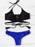 Romwe Braided Design Tassel Tie Bikini Set