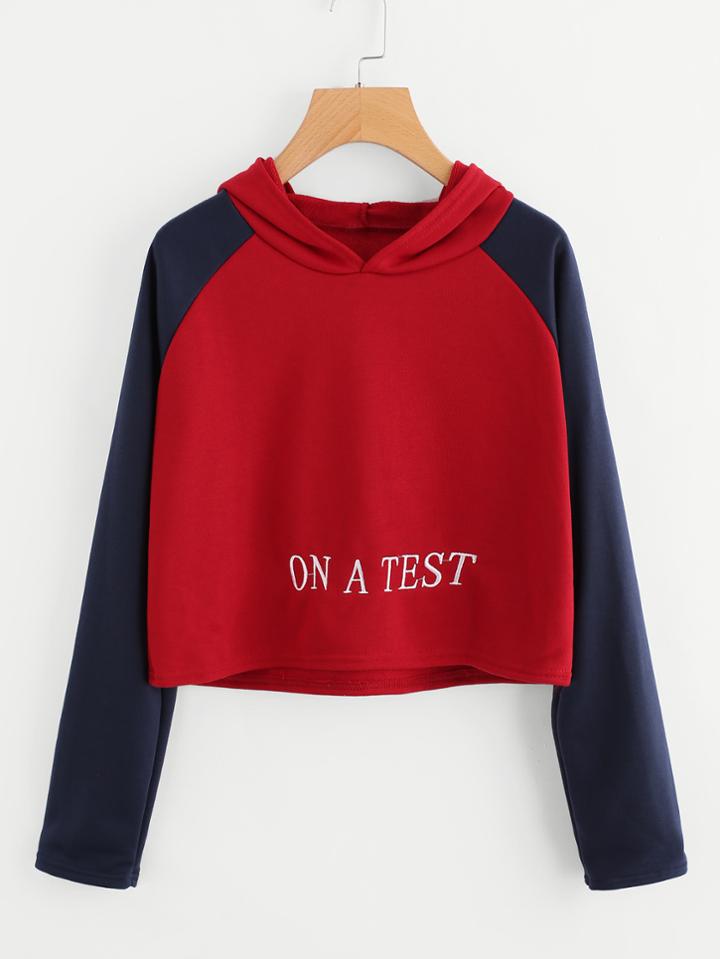 Romwe Slogan Embroidered Contrast Sleeve Hoodie