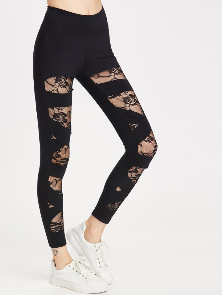 Romwe Floral Lace Lined Bandage Leggings