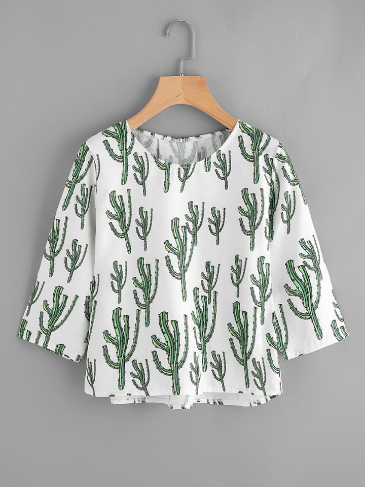Romwe Cactus Print Dip Hem Tee