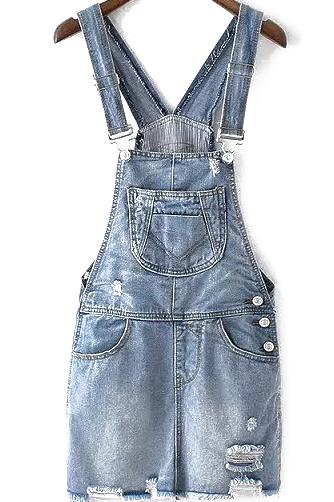 Romwe Straps With Pocket Ripped Denim Dress