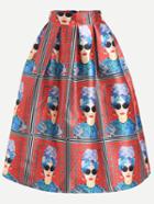 Romwe Multicolor Portrait Print Box Pleated Skirt