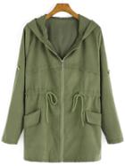 Romwe Hooded Drawstring Zipper Army Green Coat