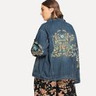 Romwe Plus Floral Embroidered Denim Jacket