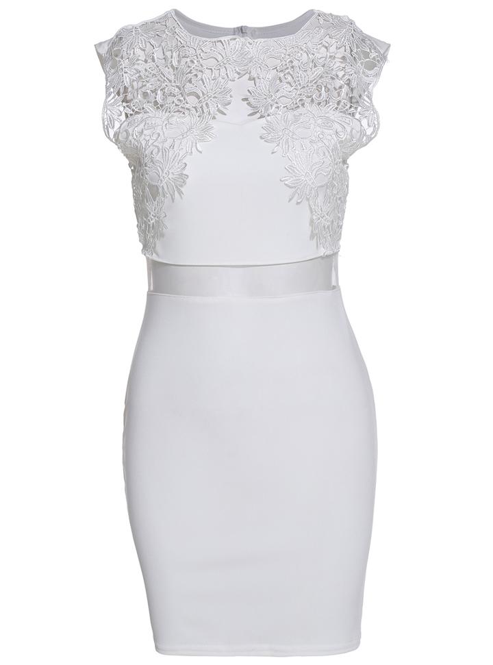 Romwe Lace Insert Sheer Mesh Waist White Dress