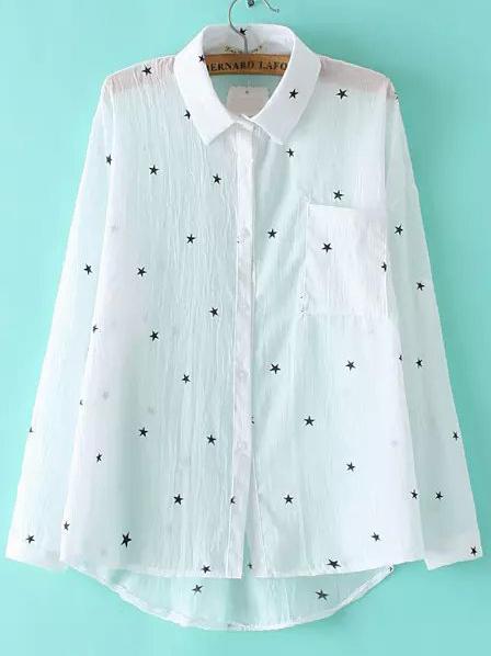 Romwe White Lapel Long Sleeve Stars Print Dip Hem Blouse