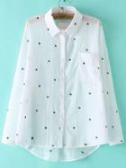 Romwe White Lapel Long Sleeve Stars Print Dip Hem Blouse