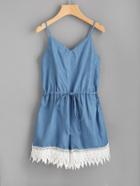 Romwe Drawstring Waist Lace Hem Denim Cami Romper