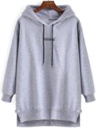 Romwe Hooded Drawstring Dip Hem Split Grey Sweatshirt
