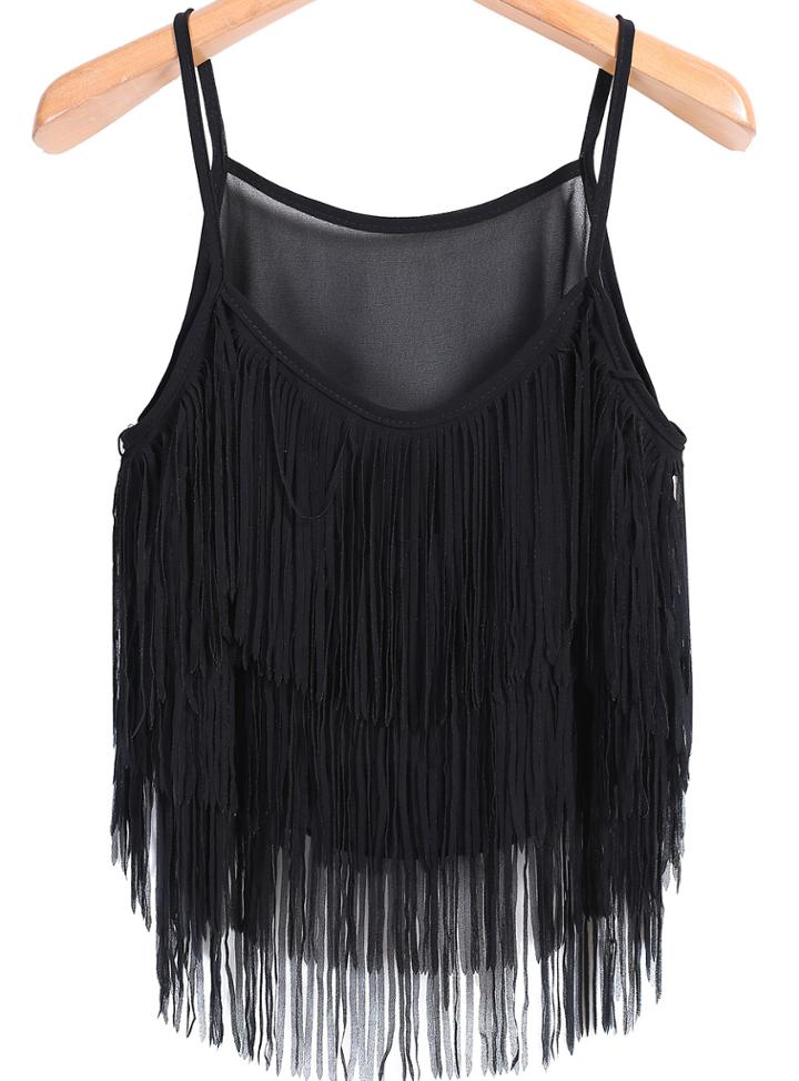 Romwe Spaghetti Strap Tassel Black Cami Top