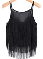 Romwe Spaghetti Strap Tassel Black Cami Top