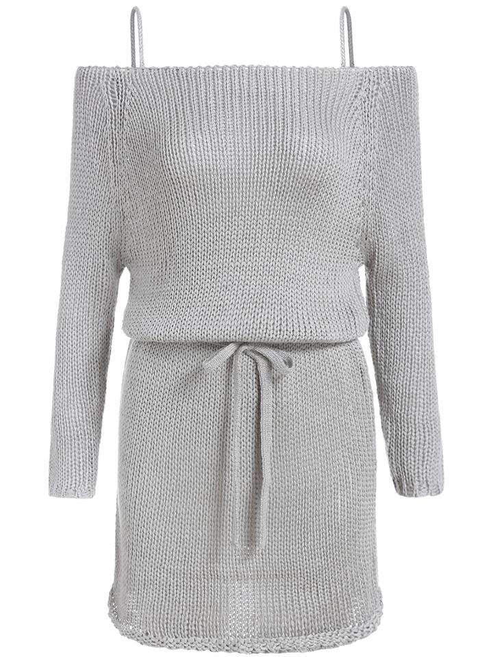Romwe Cold Shoulder Drawstring Sweater Dress