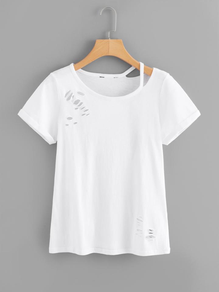 Romwe Cut Out Neck Ripped Tee