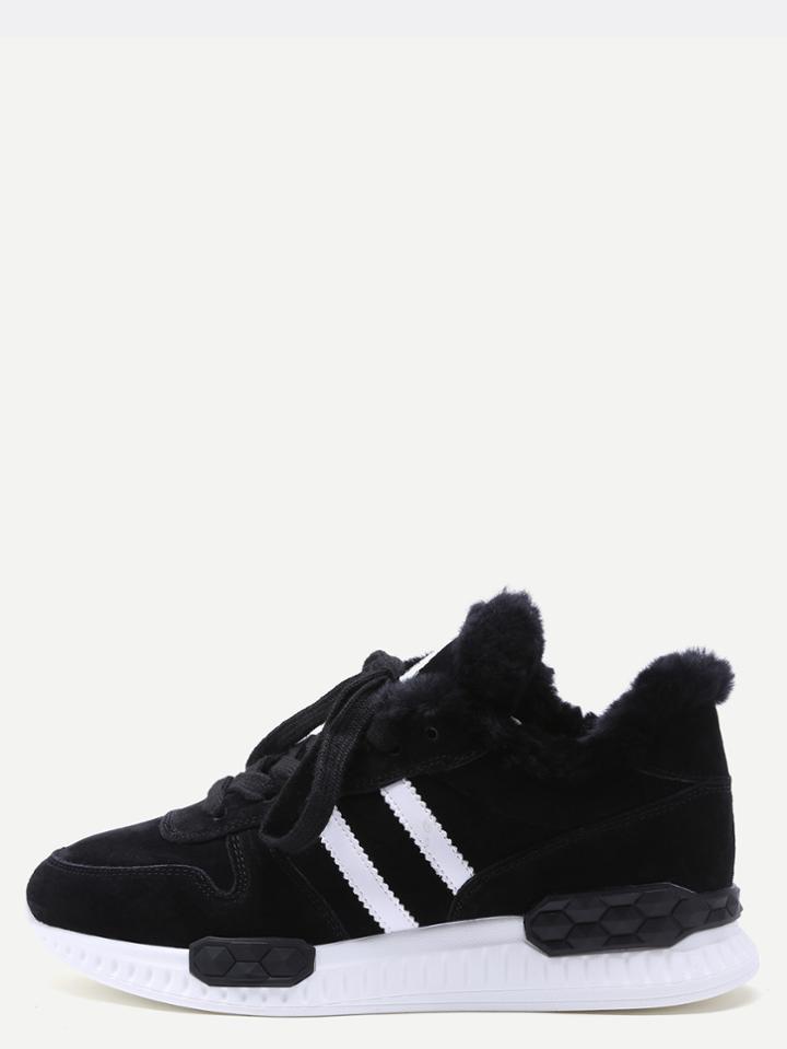 Romwe Black Striped Detail Faux Fur Trim Shoes