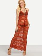 Romwe Halter Neck Hollow Out Crochet Dress - Orange