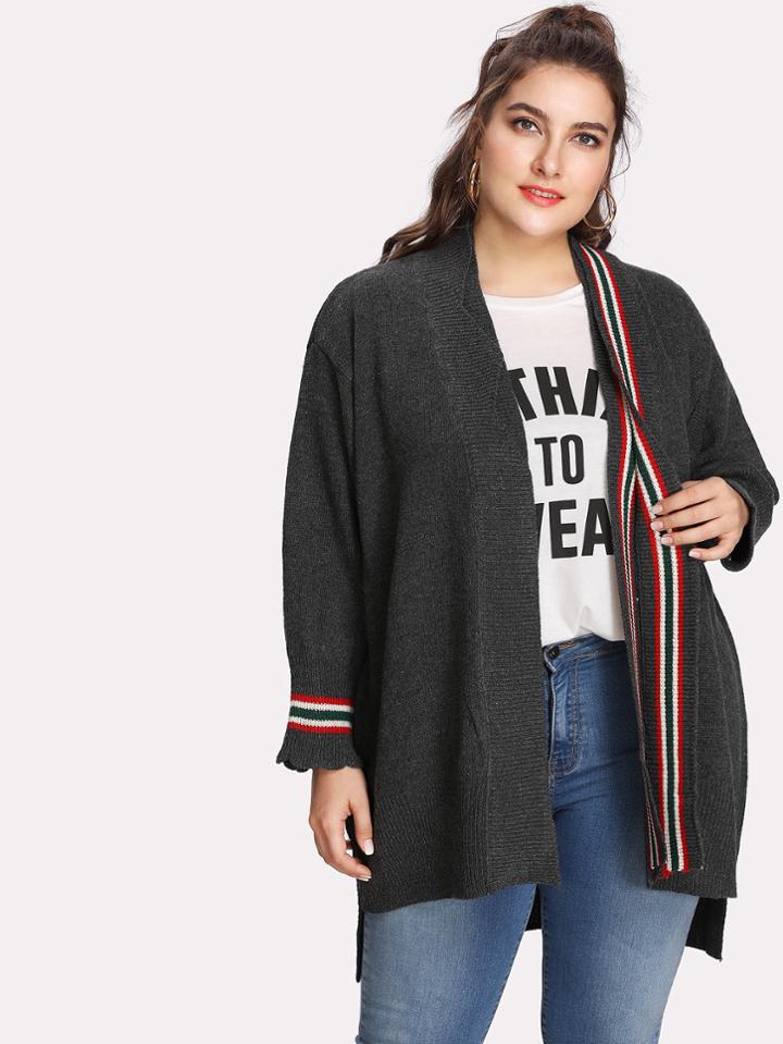 Romwe Contrast Stripe Trim High Low Cardigan