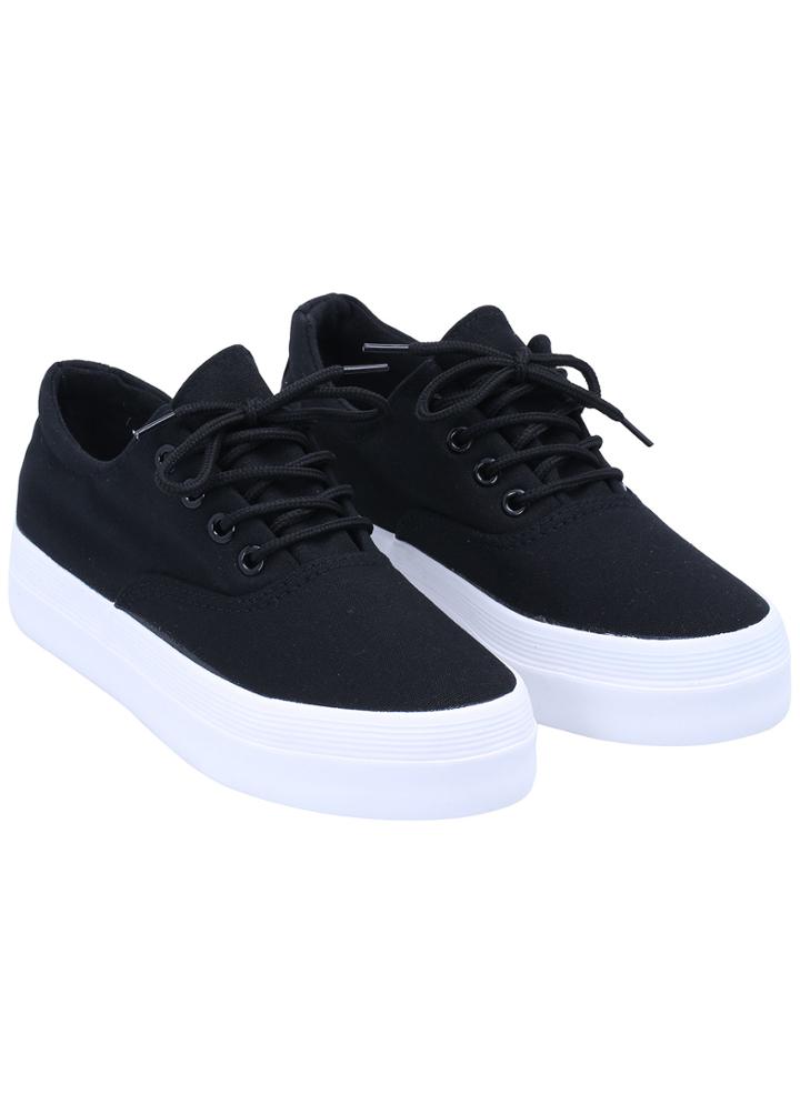 Romwe Black Round Toe Lace Up Flat Shoes