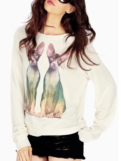 Romwe Women Cream Kitty Print Casual Sweatshirt