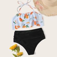 Romwe Random Orange Print Layered Top With Ruched Bikini