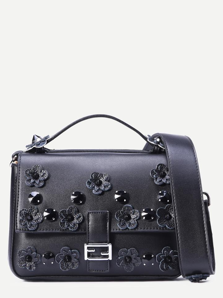 Romwe Black Flowers And Rivet Embellished Satchel Bag