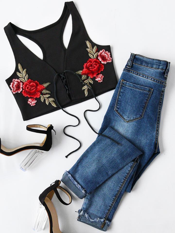 Romwe Ribbed Lace Up Appliques Crop Tank Top