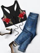 Romwe Ribbed Lace Up Appliques Crop Tank Top