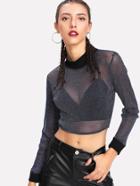Romwe Contrast Ribbed Trim Sparkle Mesh Crop Pullover