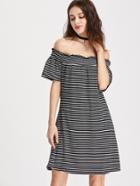 Romwe Off Shoulder Shirred Striped Dress