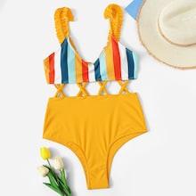 Romwe Frill Decor Straps Cross One Piece Swimwear