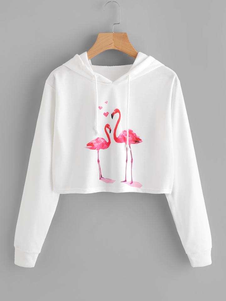 Romwe Flamingo Print Crop Hoodie