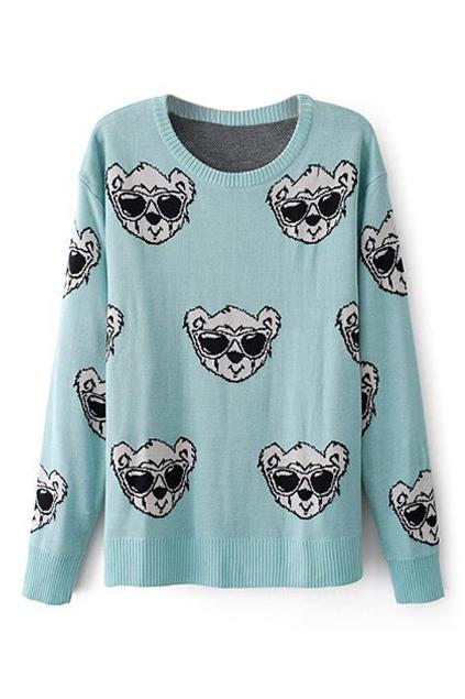 Romwe Cartoon Bear Knitted Blue Jumper